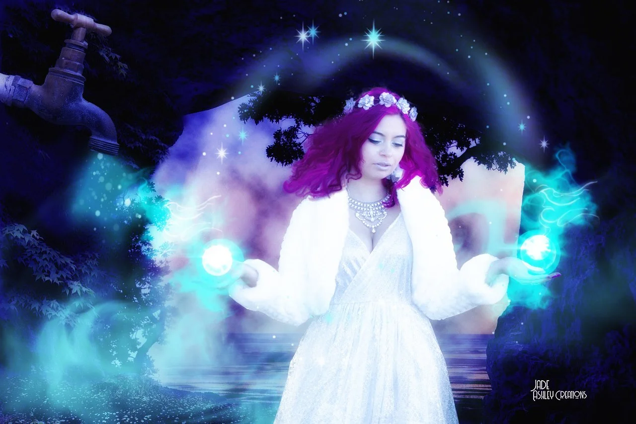A woman with pink hair and a white dress in a mystical setting, holding glowing orbs with blue energy, surrounded by stars and mist, with trees and a pipe in the background.