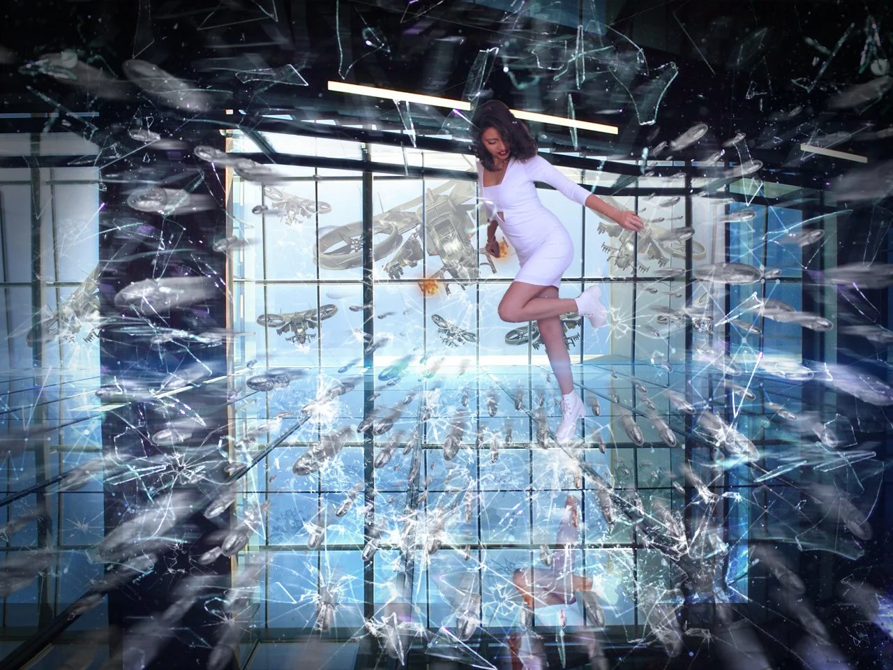 A woman in a white dress posing inside a futuristic broken glass room with flying drones and holographic digital effects.