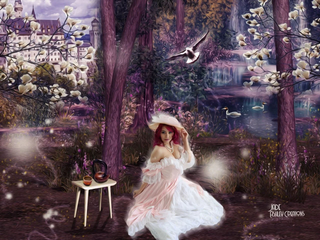 A woman with red hair dressed in a white gown sitting in a magical, painting-like forest with blooming trees, a waterfall, flying birds, and a distant castle, holding a parasol.