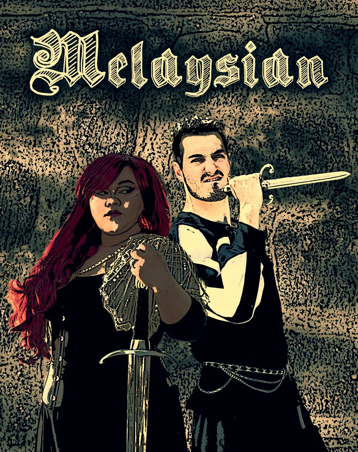 A digitally stylized drawing of a man and woman holding swords, with a textured background. The woman has long red hair, and the man has short dark hair and a beard. The word 'Melaysian' is at the top in medieval-style font.