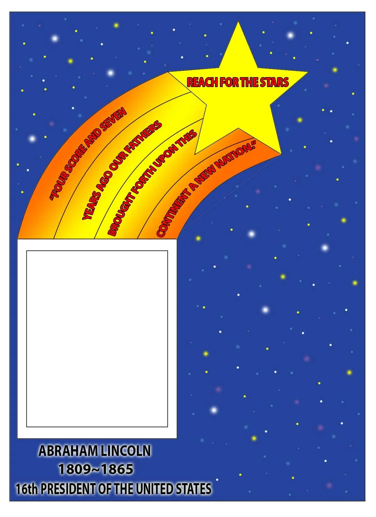 A Star-shaped graphic with a rainbow trail pointing toward a yellow star that says "Reach for the Stars". The rainbow trail is divided into four sections with the following text: "Four Score and Seven", "Yers Ago Our Fathers", "Brought Forth Upon Thi