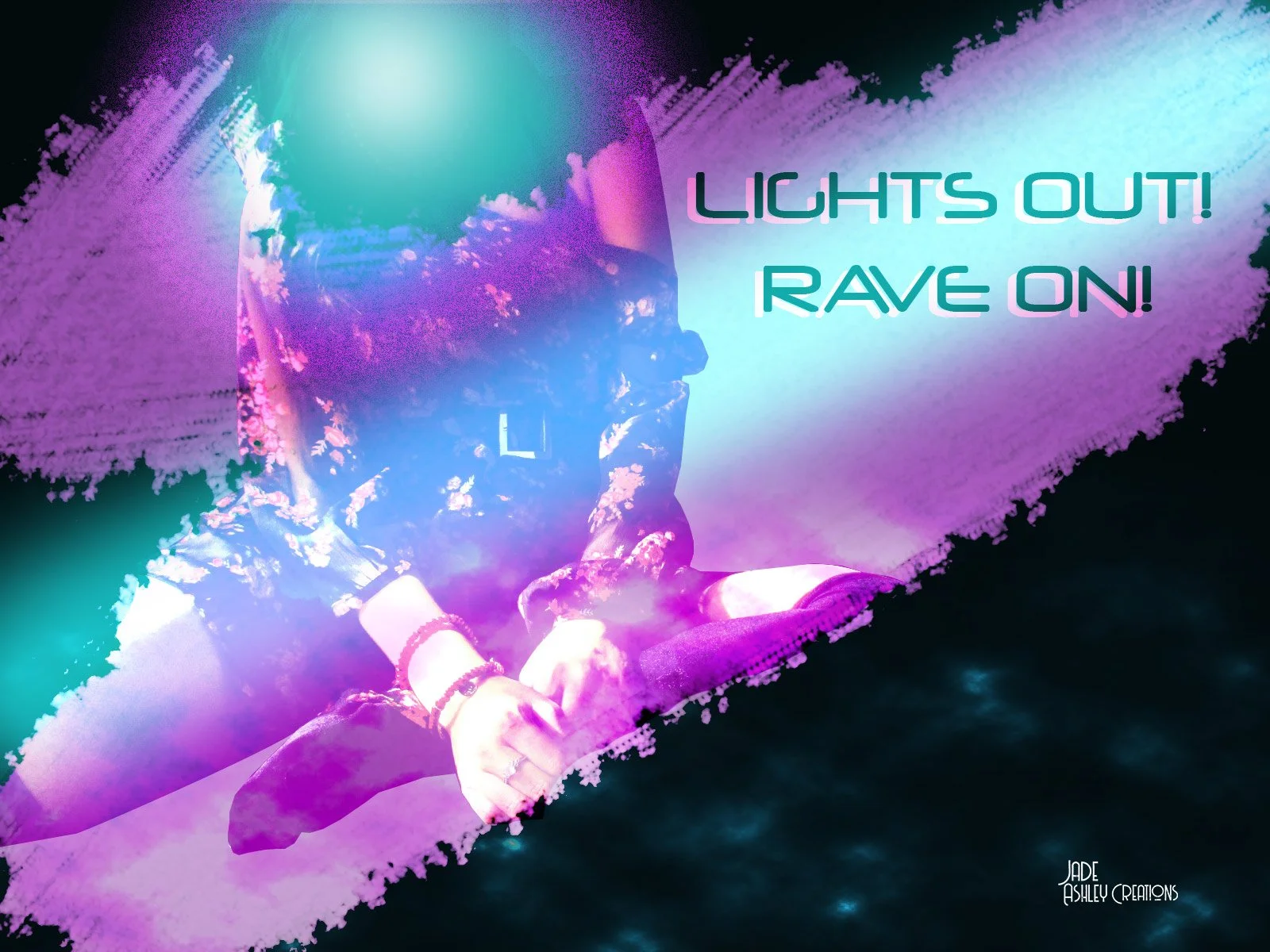 A person with glasses and short hair, dressed in colorful clothing, is crouching down with their hands clasped, surrounded by colorful lights and smoke effects. The text on the image reads, 'Lights Out! Rave On!'.