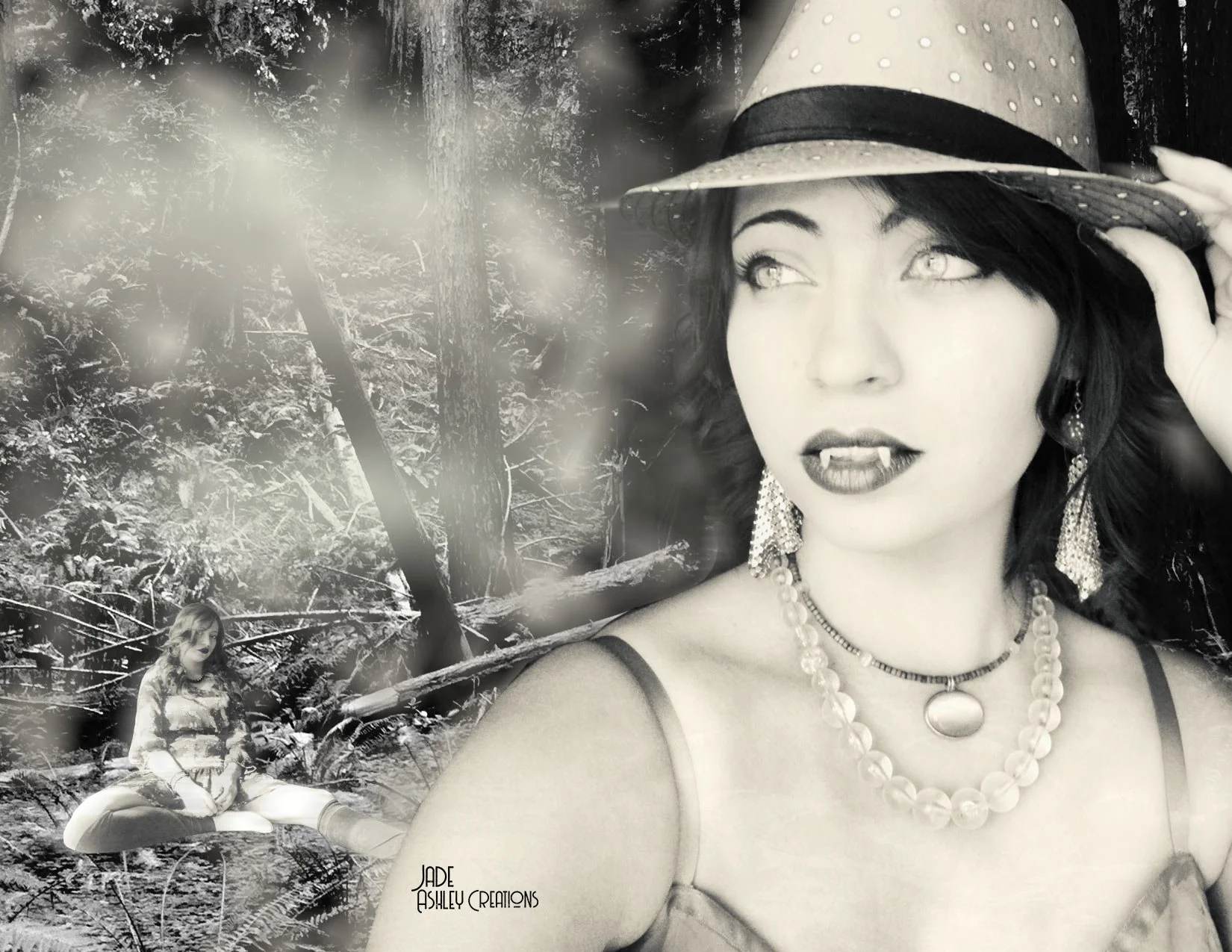 Black and white photo collage featuring a woman with light-colored eyes, dark hair, hat, jewelry, and makeup, with a forest background and a smaller image of her sitting on a tree branch.