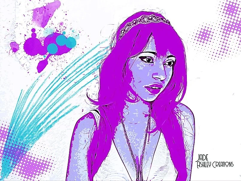 Digital artwork of a young woman with purple hair and a headband, wearing a white top and a necklace, set against an abstract background with splashes and streaks of purple and blue colors.