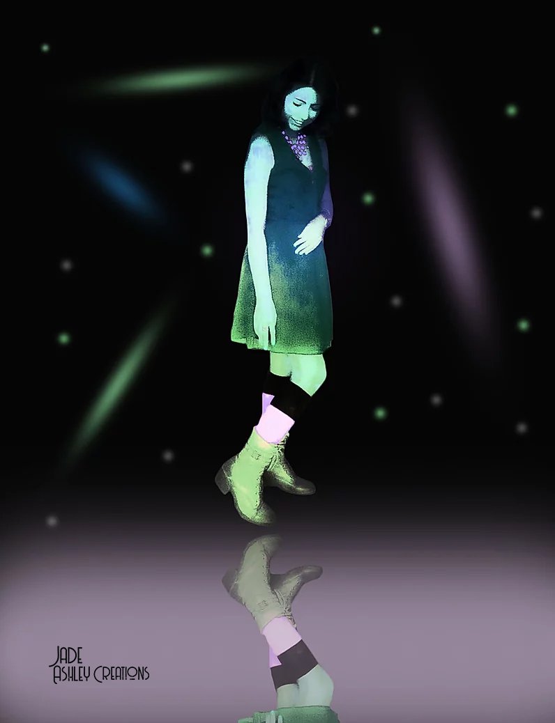 Digital art of a woman standing against a space-themed background with stars and nebulae, wearing a dress, knee-high socks, and boots, with a reflection on the ground.