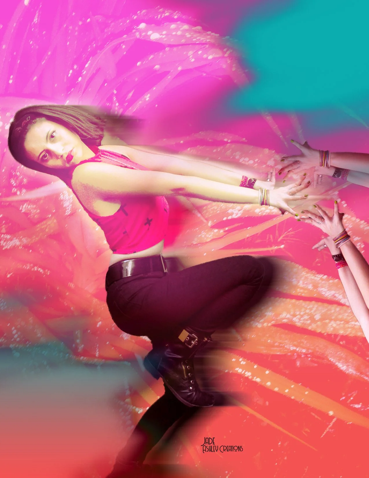 A woman in a pink top and black pants crouches on the floor with arms extended forward, reaching out to hands with various bracelets. The background features colorful, abstract, tropical plant-like patterns with pink, orange, and teal hues.