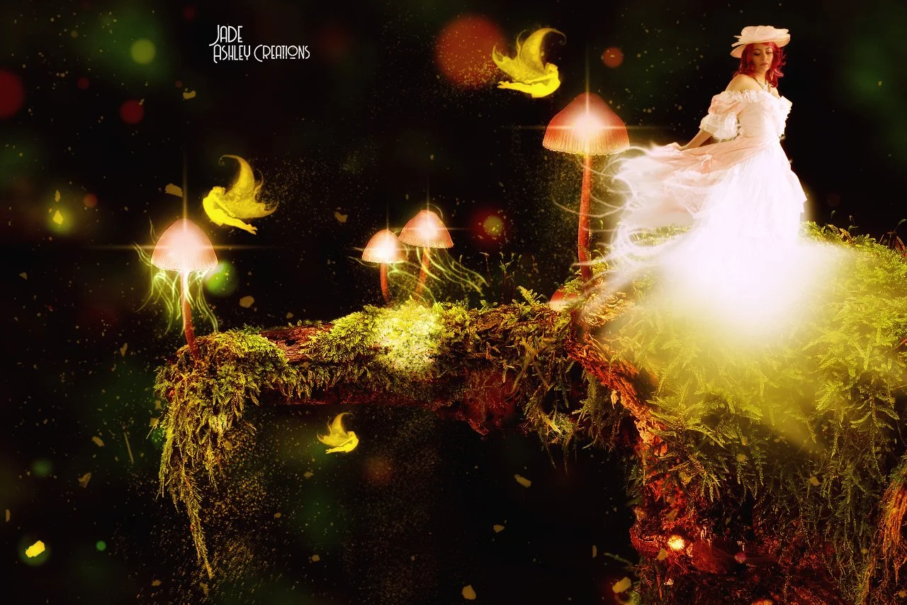A fantasy scene with glowing mushrooms and tiny yellow fairies floating around in a dark, magical setting. A woman in a white dress and matching hat stands on a moss-covered branch, surrounded by whimsical, glowing elements.