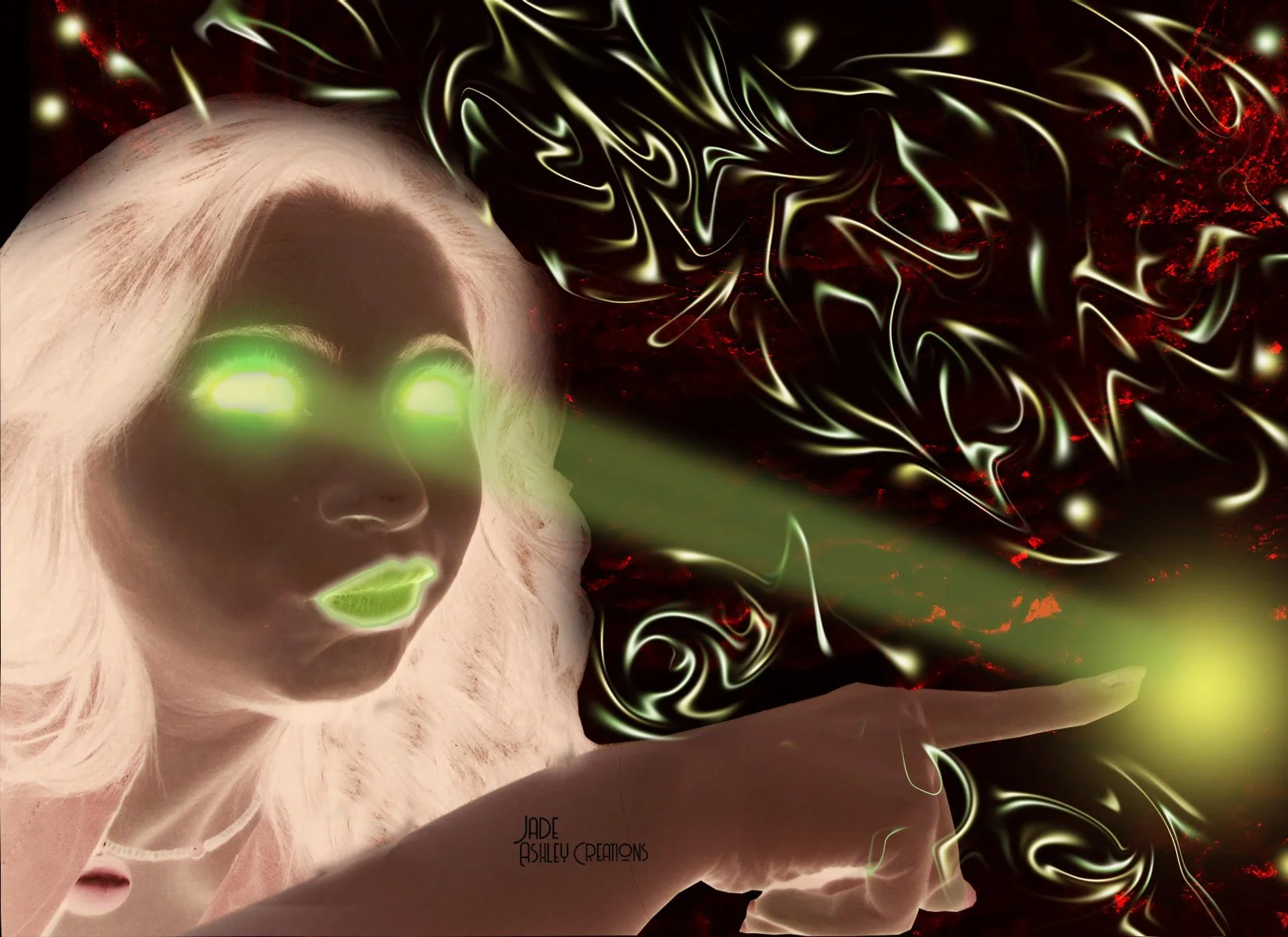 Digital artwork of a woman with glowing green eyes and lips, pointing forward with a green beam coming from her hand, surrounded by swirling abstract light patterns.