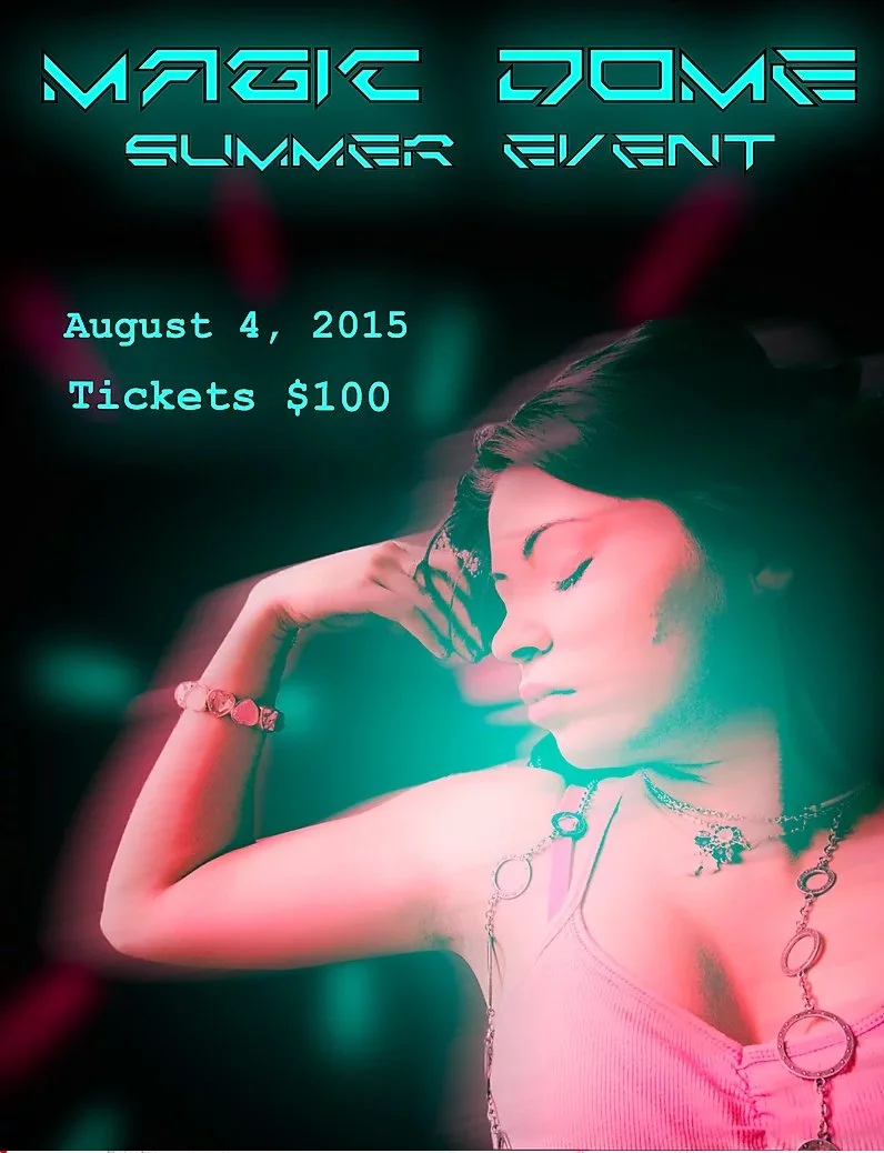 A promotional poster for a summer event called 'Magic Dome.' The poster features a woman with dark hair wearing jewelry, resting her head on her hand with closed eyes, illuminated by colorful neon lights. The event date is August 4, 2015, and tickets