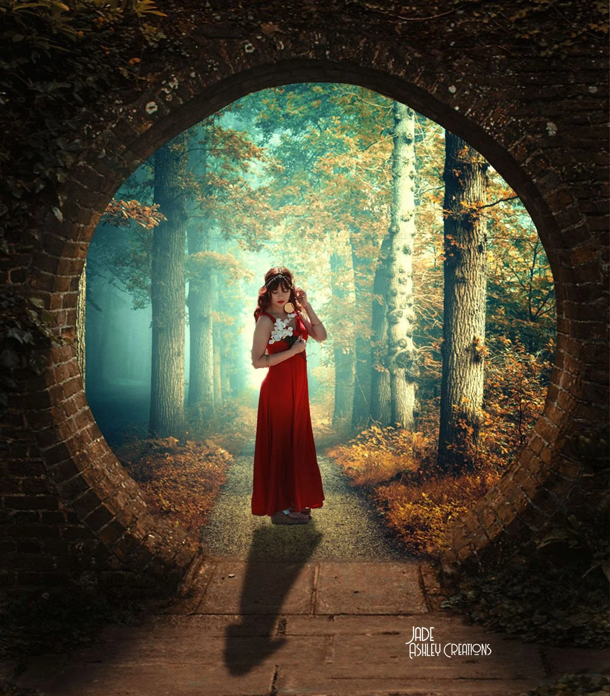 A woman in a red dress with floral embellishments stands in a forest clearing, framed by a brick archway, with sunlight filtering through autumn-colored trees.