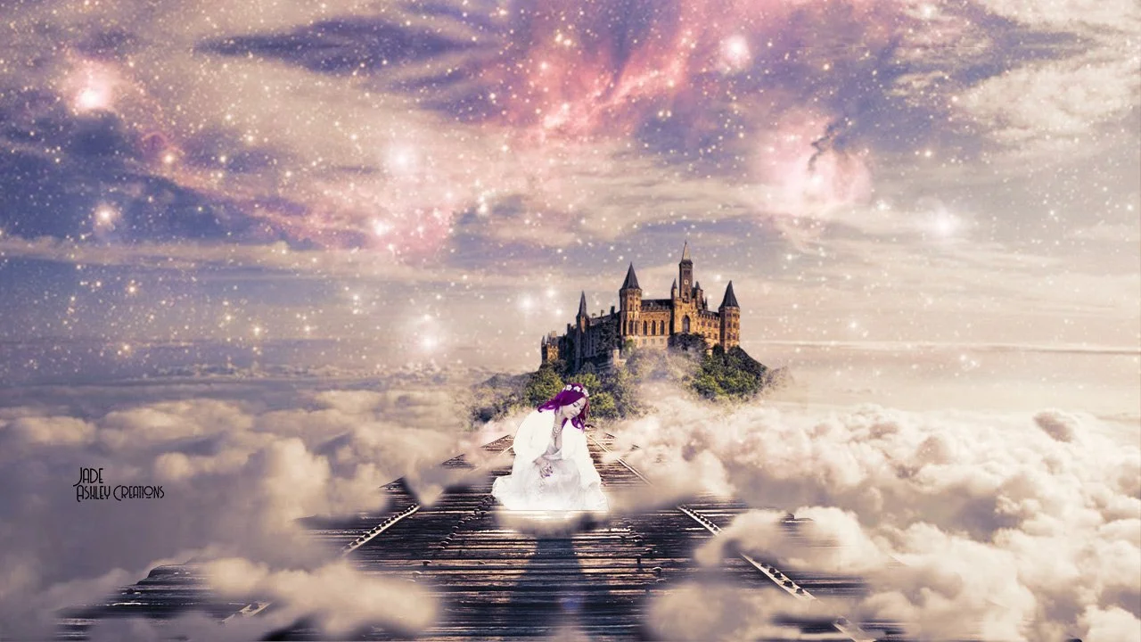 A fantasy scene of a young girl with purple hair sitting on a wooden bridge in the clouds, with a castle atop a hill in the background and a pink and purple starry sky overhead.