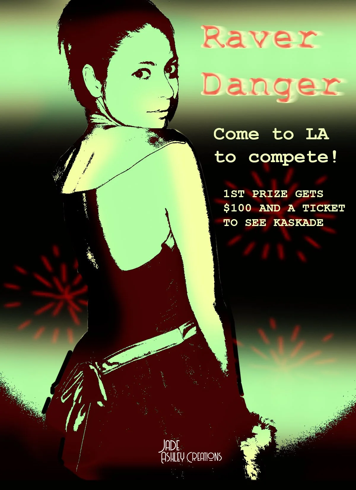 Poster featuring a stylized image of a young woman with short hair, advertising a talento competition called 'Raver Danger' in Los Angeles, with details about a first prize of $100 and a ticket to see Kaskade, and decorated with red fireworks graphic