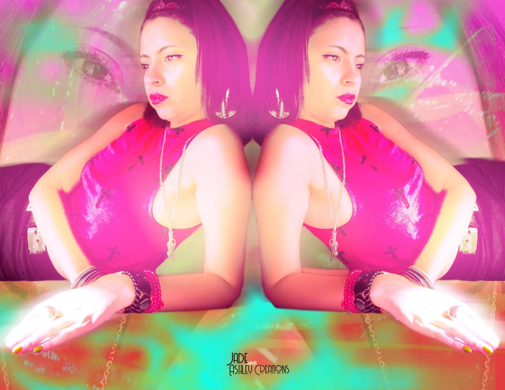 Digital artwork of a woman in a pink top with black cross patterns, mirrored to create a symmetrical image, surrounded by colorful abstract effects.