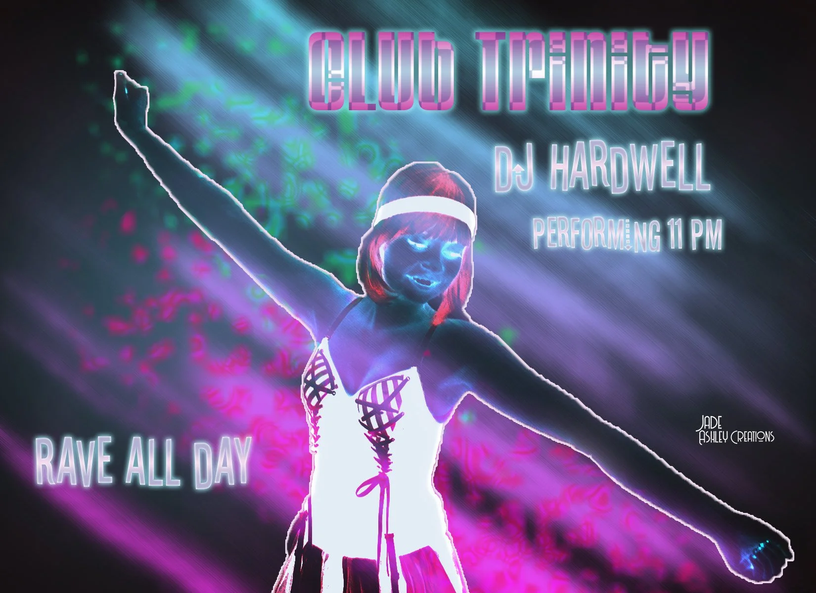 A neon-style poster featuring a girl with glowing sunglasses and a headband, raising one arm in a dance pose, with bright pink, purple, and green colorful background. Text on the poster advertises a nightclub event called 'Cloud Trance' with DJ Hardw