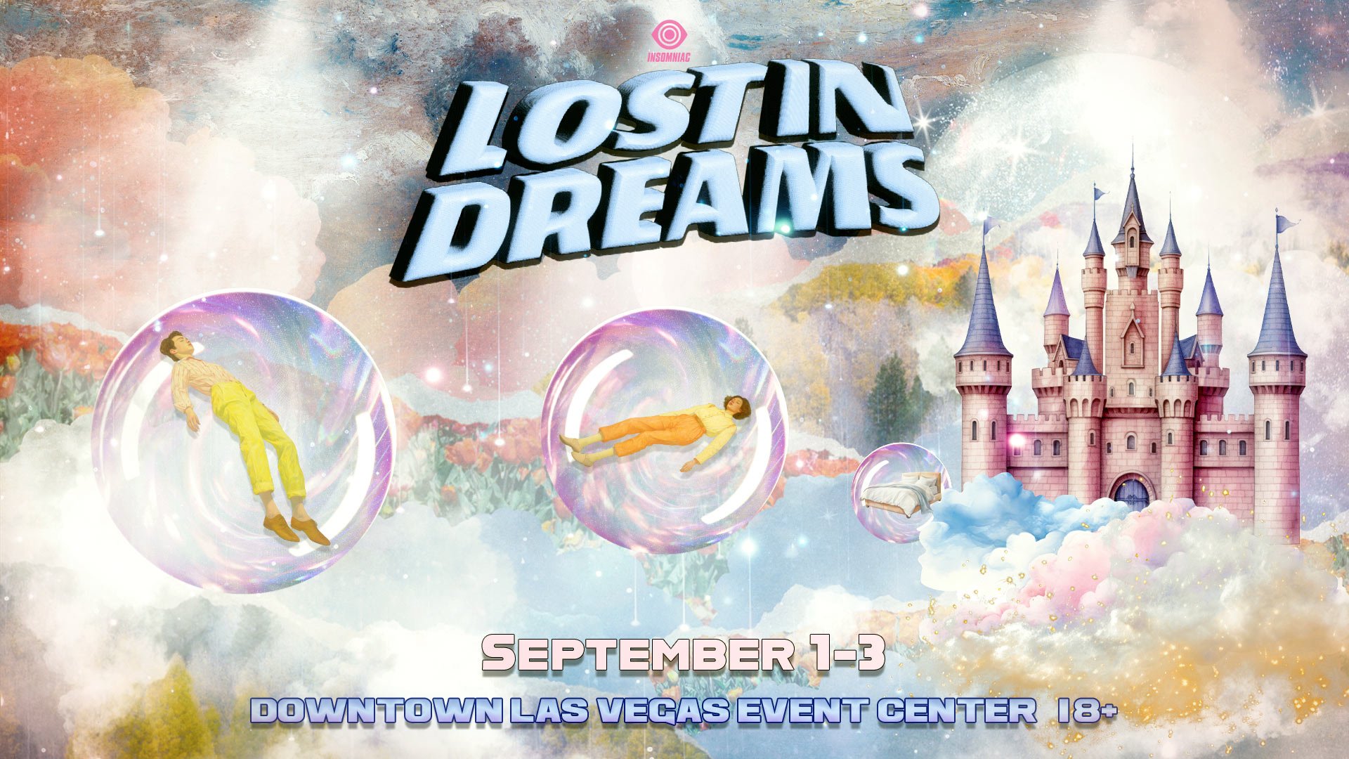 Graphic for an event called 'Losing Dreams' with floating bubbles, one containing a person in yellow clothing lying and another with a person in orange clothing floating, a pink castle, a bed in a bubble, and a colorful sky background with clouds. Da