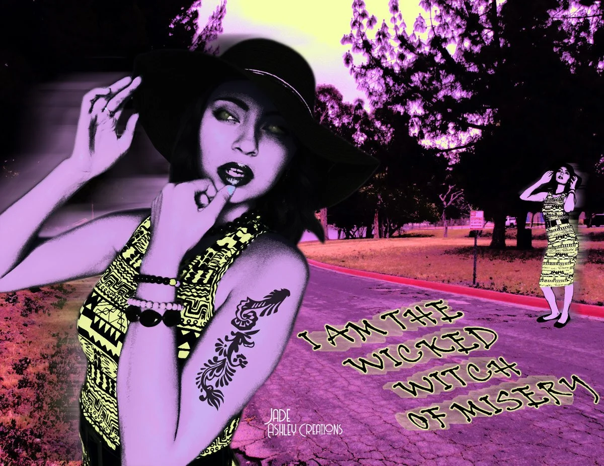 A stylized digital art image featuring a woman in a yellow and black patterned dress, wearing a large black hat, with her hand near her face and a tattoo on her arm, set against a surreal purple and pink landscape with trees, a road, and another woma