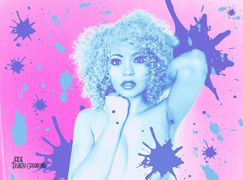 A woman with curly blonde hair posing with her arm raised and hand resting on her face, surrounded by colorful paint splashes on a pink background.
