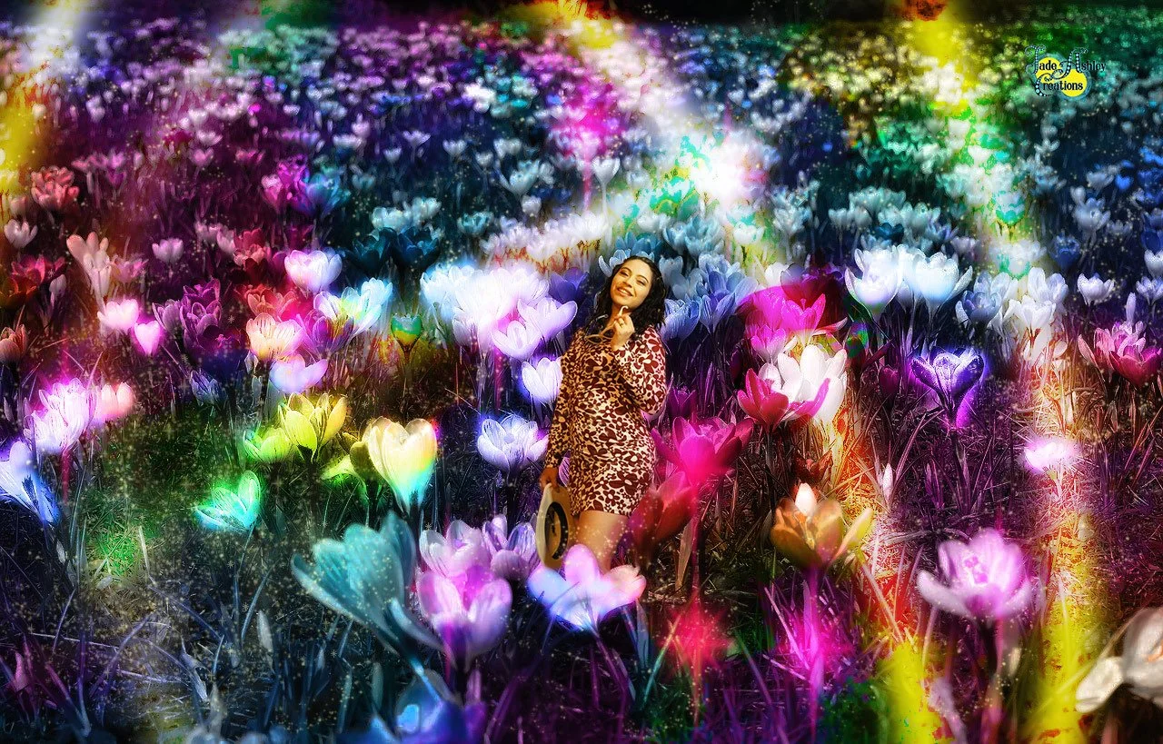 A woman in a leopard print dress standing amidst a vibrant, multicolored flower field with heart-shaped lights.