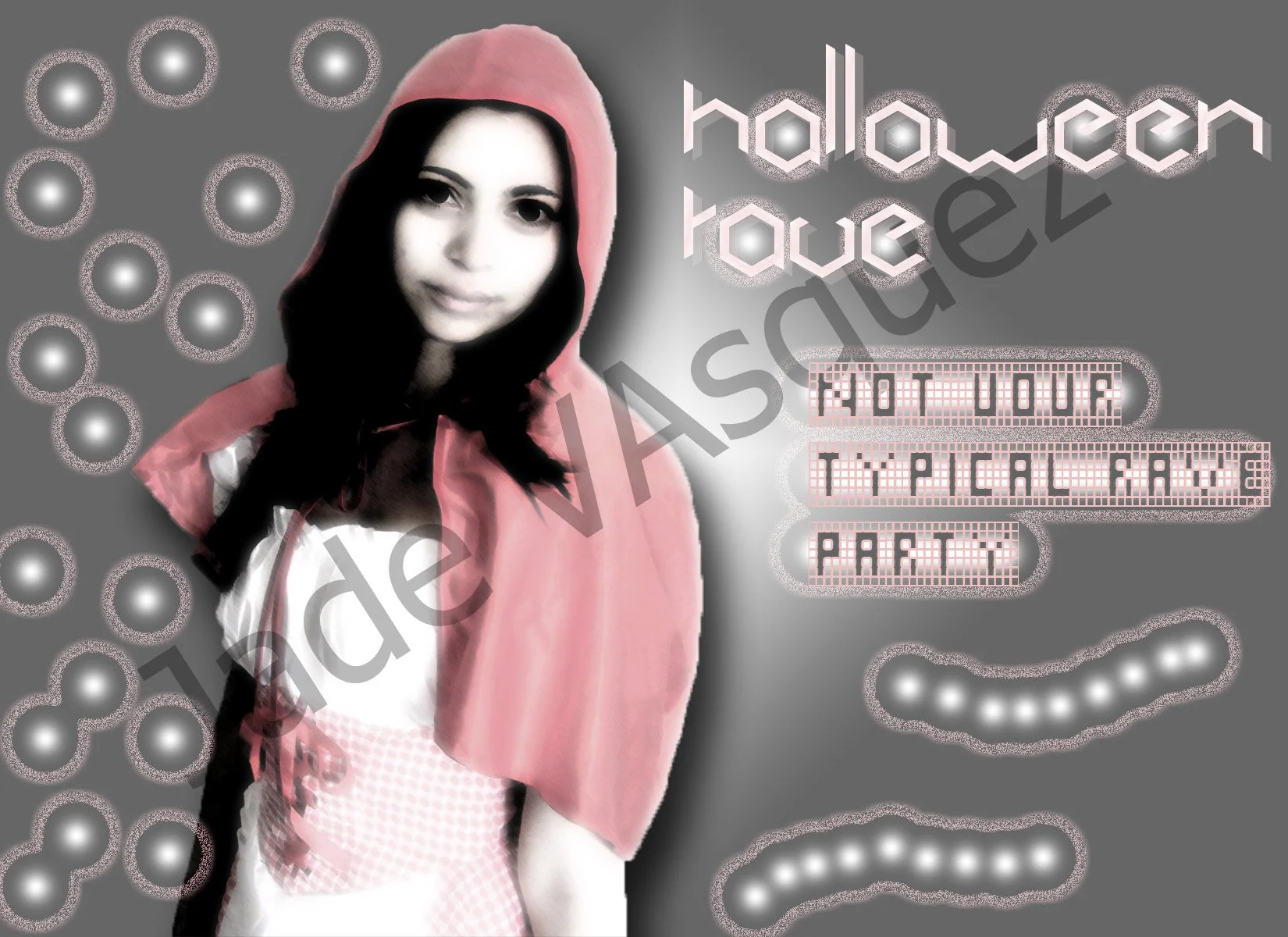A young woman with dark hair wearing a red hooded cape and a pink dress, smiling, with Halloween-themed graphic elements and text that reads 'Halloween House' and 'Hot Your Typical Candy & Party' on a gray background.