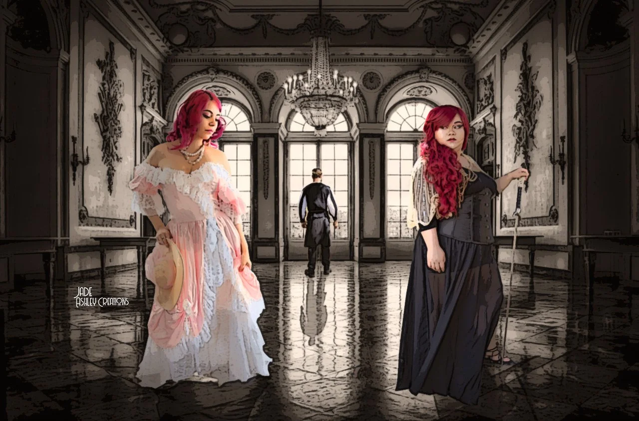 Three women in elaborate dresses and a man in historical attire inside a large, ornate room with chandeliers and tall arched windows.