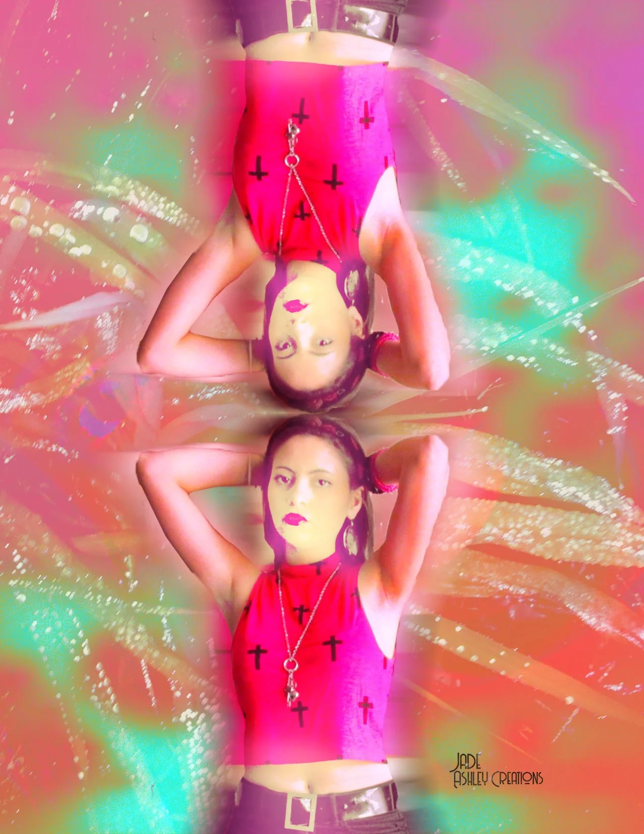 A woman with dark hair lying down, wearing a red sleeveless top with black crosses, a silver chain necklace with a cross, and dark pants with a belt. The background includes colorful, abstract, psychedelic patterns and reflections.