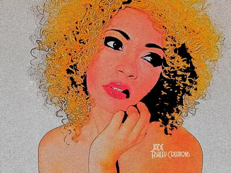 Digital artwork of a woman with curly blonde hair, red lipstick, and a thoughtful expression, resting her chin on her hand.