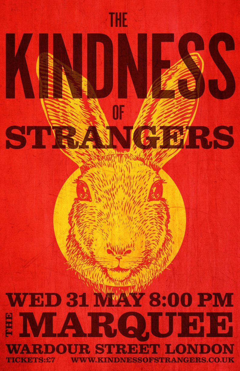 Red concert poster for 'The Kindness of Strangers' featuring a yellow illustration of a rabbit's face with upright ears, event details including date, time, location, and ticket information.