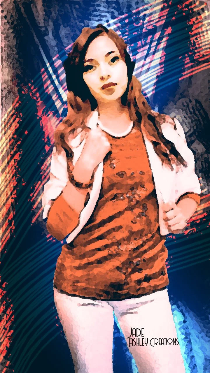 Digital artwork of a woman with long wavy hair, wearing a leopard-print shirt, white pants, and a white jacket, standing in front of colorful, abstract background.