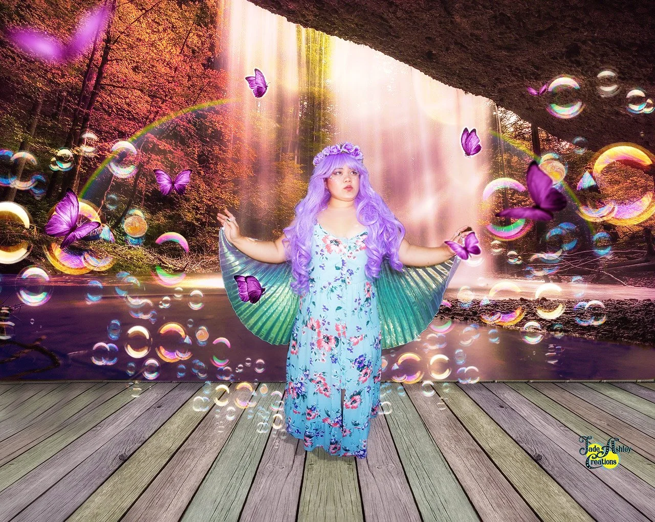 A woman with long purple hair wearing a floral dress and butterfly wings stands on a wooden deck in front of a forest-themed backdrop with butterflies, bubbles, and rays of sunlight.