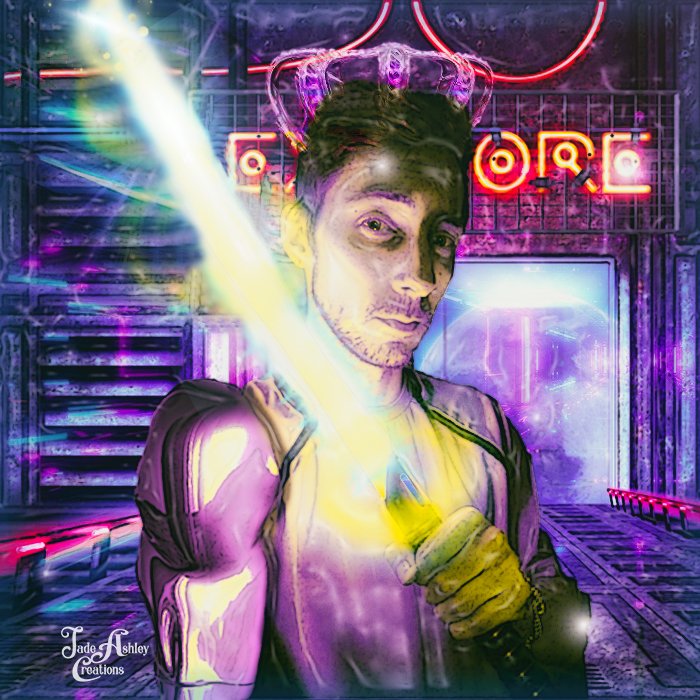 A young man wearing a purple jacket and a glow-in-the-dark crown is holding a lit lightsaber in a colorful, neon-lit setting. The background features vibrant neon signs and futuristic decor.