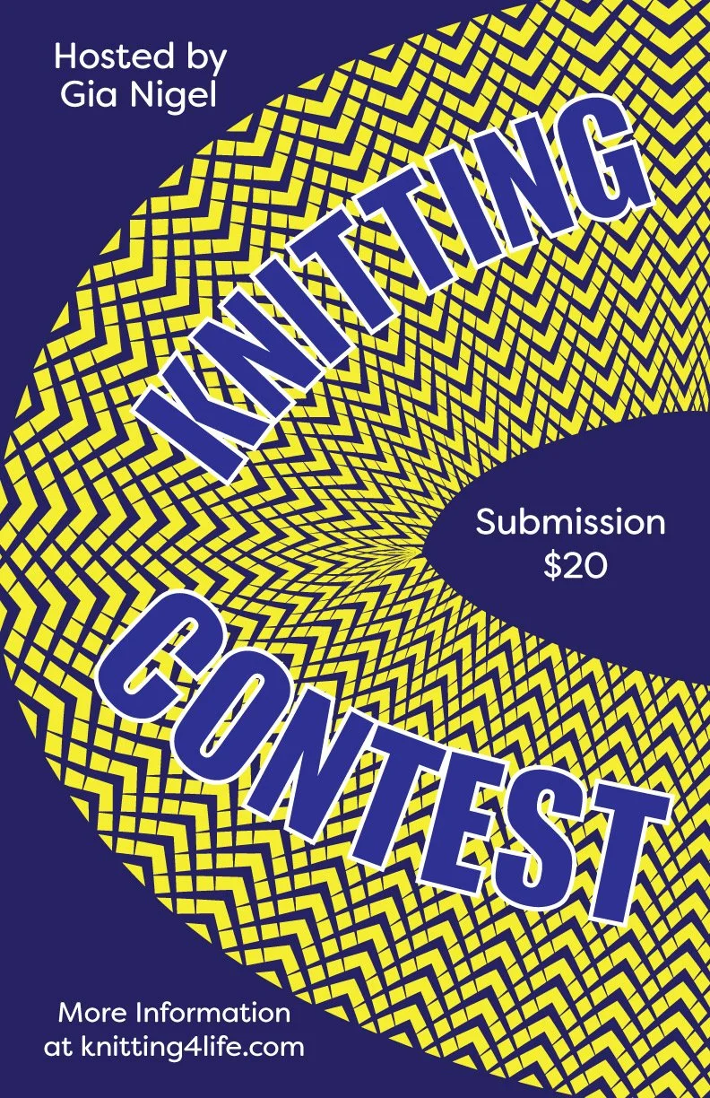 A promotional poster for a knitting contest hosted by Gia Nigel. It features a yellow and black geometric spiral pattern with large, bold, blue and white text that says 'KNITTING CONTEST.' Additional text includes 'Submission $20' and a website for m