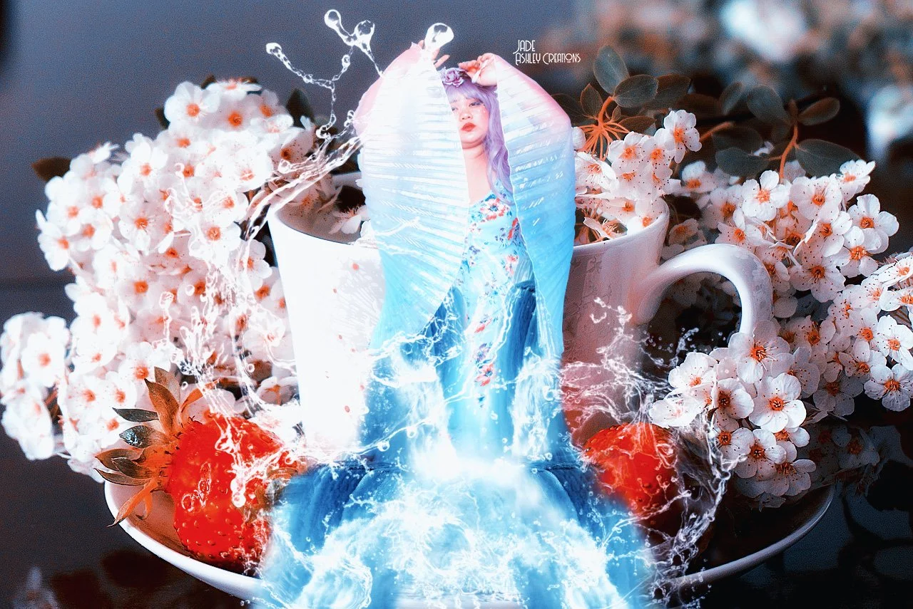 A cup filled with white cherry blossoms and strawberries, with an overlay of a woman with purple hair and a blue waterfall effect.