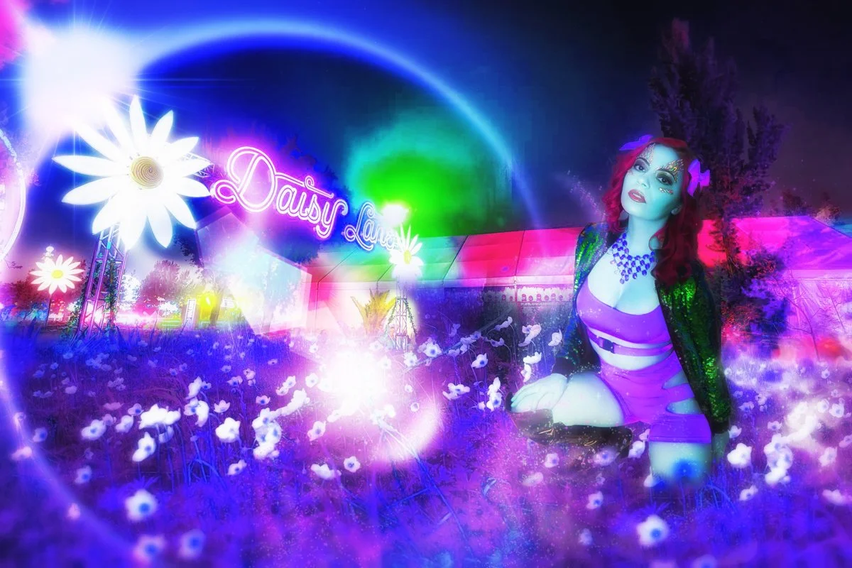 A vibrant neon-lit scene at a fair or carnival with oversized daisy flower decorations and a large illuminated sign that says "Daisy Lounge." There is a woman dressed in a colorful, futuristic outfit with a purple dress, green sequined jacket, and bo