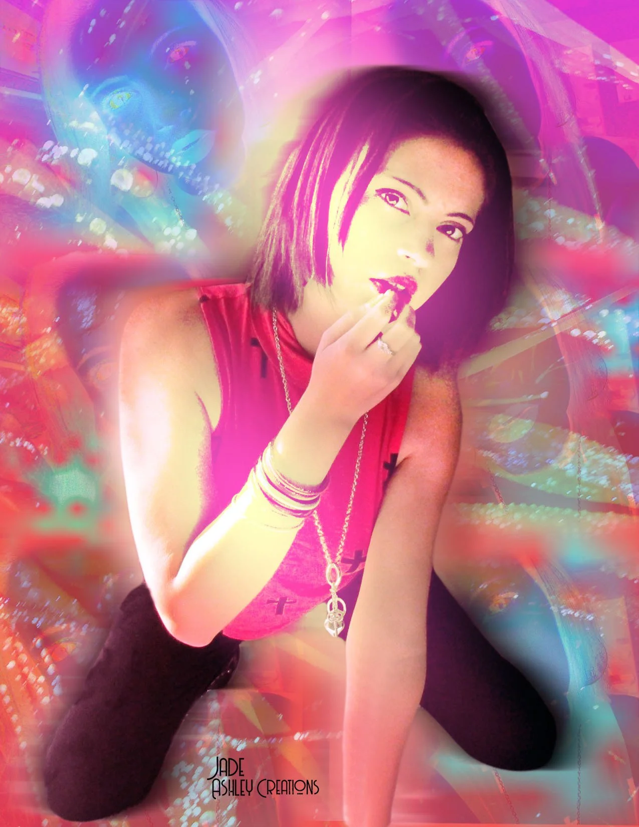 A woman with short dark hair wearing a pink sleeveless top and black pants, posing with one knee on the ground, holding her hand near her mouth. She is accessorized with jewelry and has a dreamy, colorful abstract background with a ghostly face image