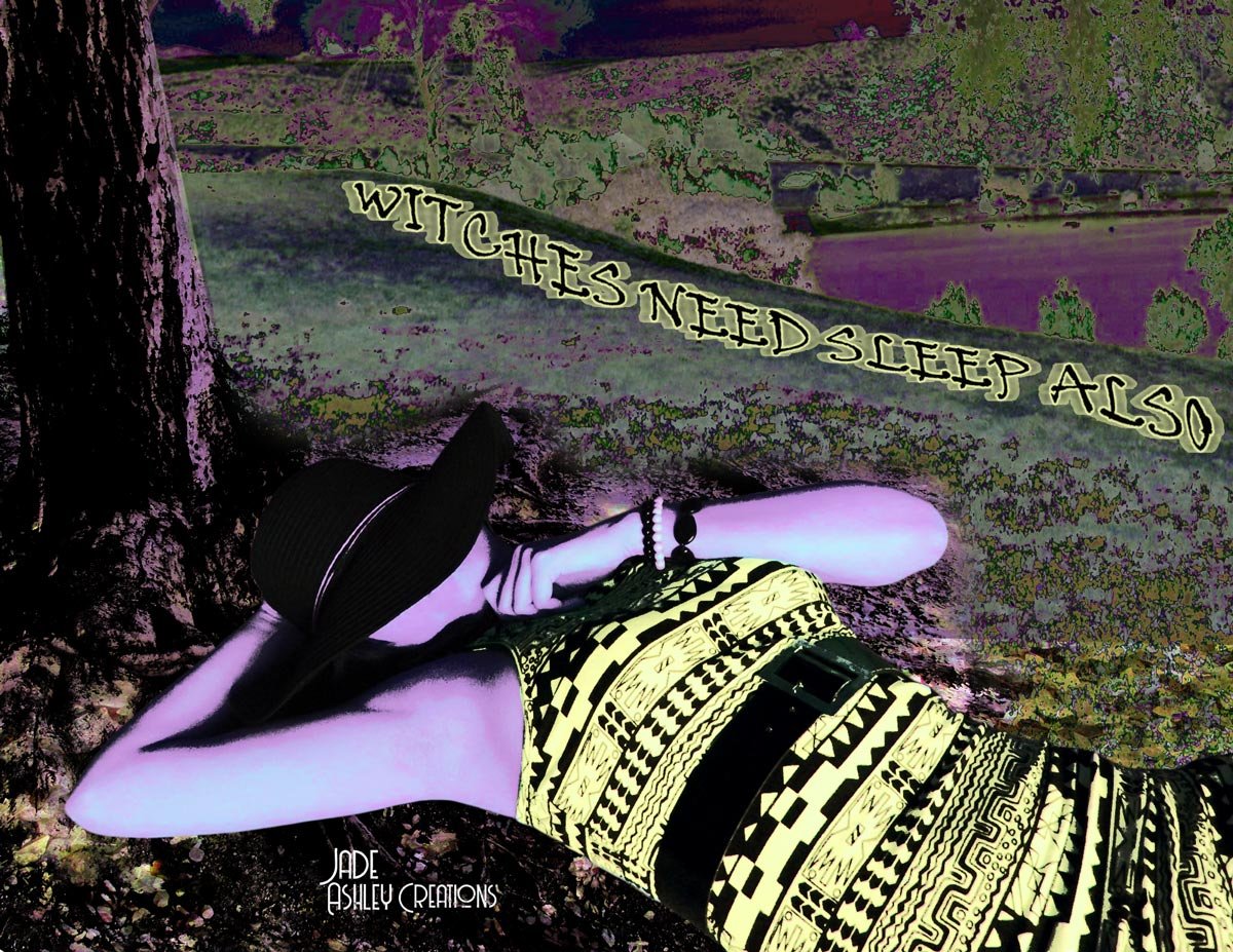 A woman wearing a large black hat and a yellow and black patterned dress is lying on the ground next to a tree. The landscape appears to be edited with psychedelic colors, with a caption that reads 'WITCHES NEED SLEEP ALSO'.