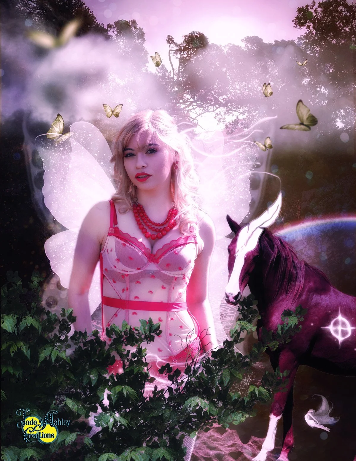 A fantasy scene featuring a woman with fairy wings, blonde hair, red lipstick, and pink lingerie with strawberries, standing beside a black and white horse surrounded by green foliage, butterflies, and a dreamy background with trees and a planet.