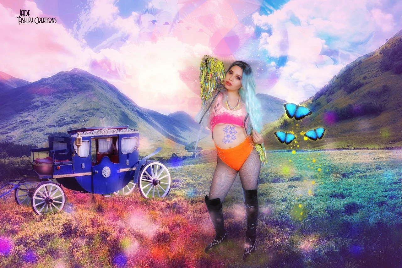 A woman with multicolored hair standing in a colorful, fantasy landscape with mountains, a blue carriage, and glowing blue butterflies.
