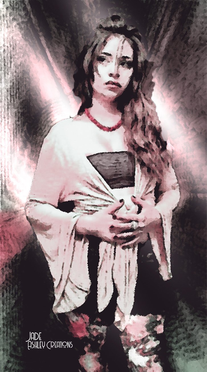 Digital painting of a woman with long wavy hair, wearing a black tube top, red beaded necklace, and a cream-colored open cardigan, posing with her hands on her stomach.