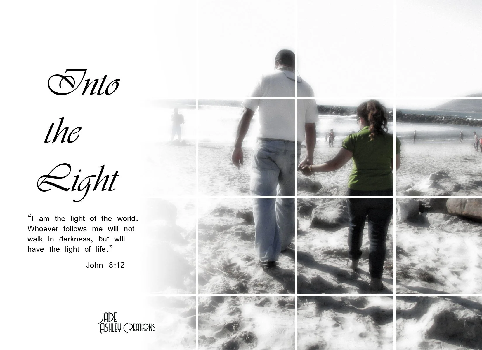 People holding hands and walking on the beach, with ocean waves and a rocky jetty in the background.