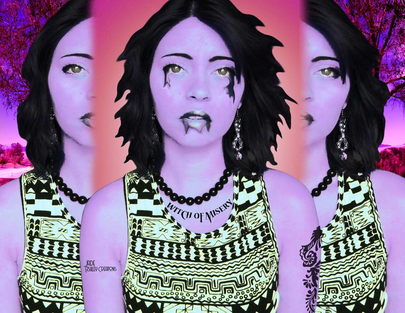 A digital artwork of a woman with three identical faces, black hairstyle, and pale purple skin. She wears a black bead necklace, earrings, and a yellow and black patterned top. The middle face has black tears and makeup dripping from her eyes and mou