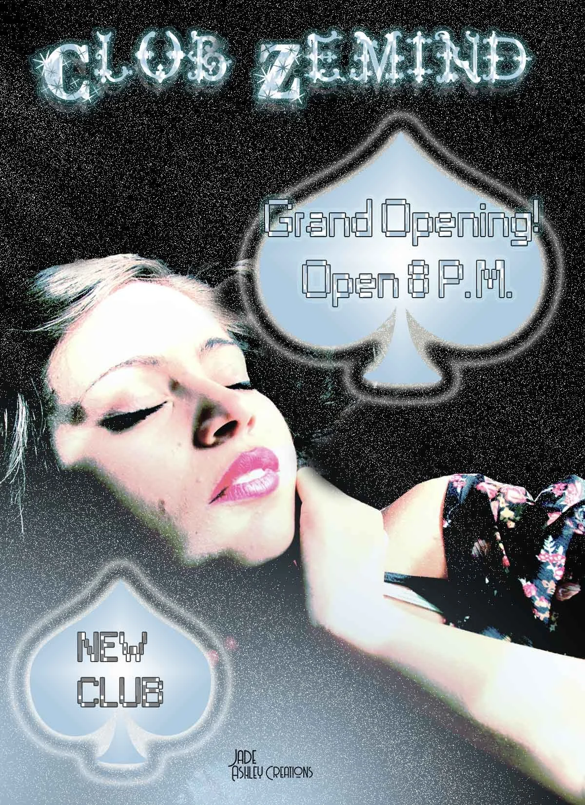 A woman with closed eyes and pink lipstick rests her chin on her hand, with promotional text for a club opening. The background is starry, with glowing card suit symbols and pixelated text that announces a grand opening at 8 P.M.