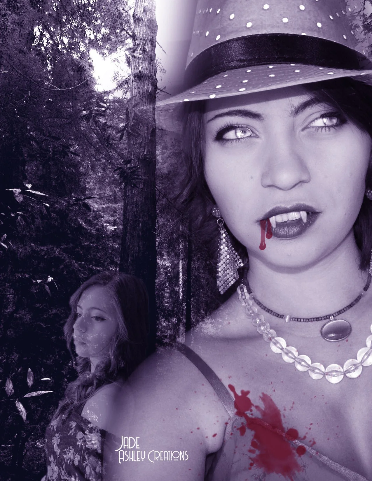 Creative photo collage of a young woman with vampire teeth, blood on her lip, wearing a witch hat and jewelry, with a forest background and an overlay of her face and upper body in black and white.