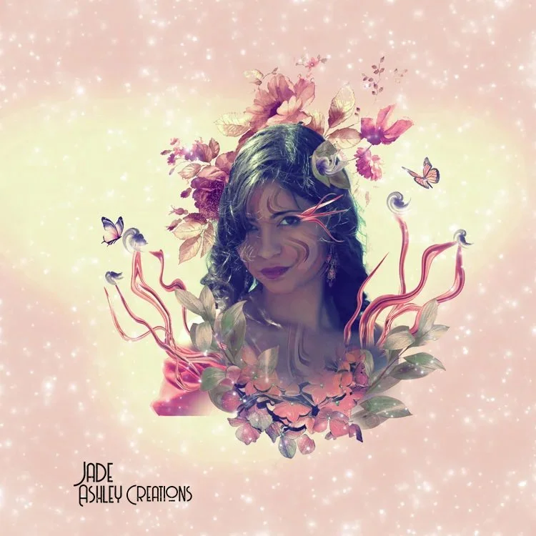 Digital artwork of a woman's portrait surrounded by pink and purple flowers and butterflies on a pastel pink and yellow background with sparkling effects, with the text 'Jade Ashley Creations' at the bottom left.