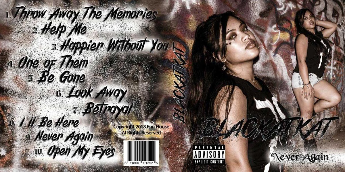 Album cover with a woman posing against a graffiti wall, wearing a black T-shirt and white shorts. The title 'Black At Heart' and the song list are displayed, including songs like 'Throw Angy The Memories' and 'Never Again.'