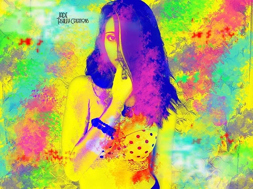 A colorful artistic illustration of a woman with long dark hair, partially covering her face with one hand, wearing a yellow top with red polka dots, surrounded by vibrant abstract patterns.