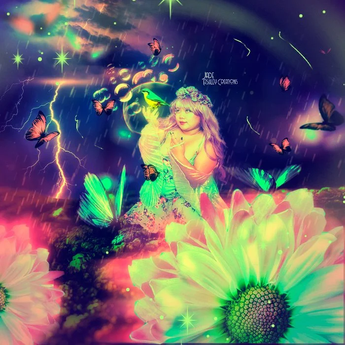 Fantasy digital artwork depicting a girl with a headband of flowers surrounded by glowing butterflies, colorful flowers, and lightning in a dreamy, surreal landscape.
