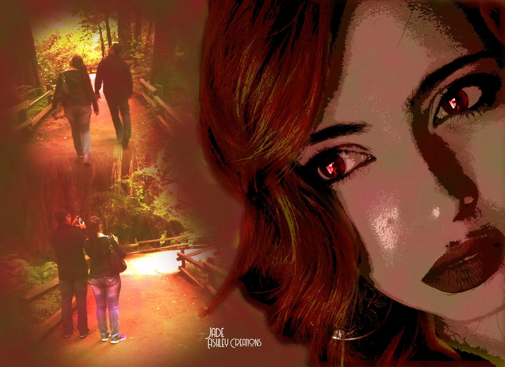 A digital collage featuring a close-up of a woman's face with red hair and striking makeup, alongside a picture of two people walking in a forested path with warm lighting and trees.