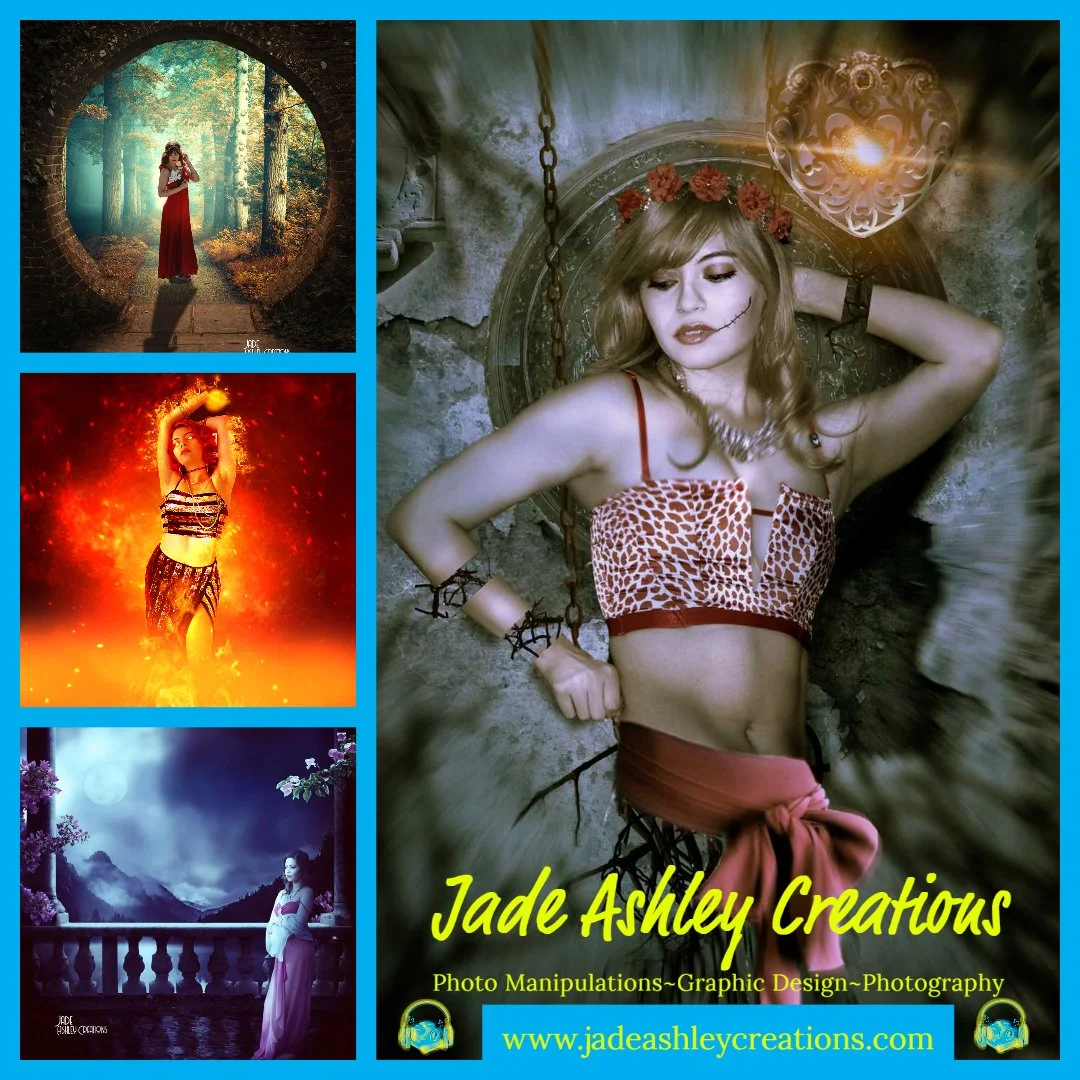 A collage of four fantasy-themed photographs featuring women in various artistic settings, with the main image on the right showing a woman lying on the ground with chain accessories, wearing a leopard print top and red skirt, with the text "Jade Ash