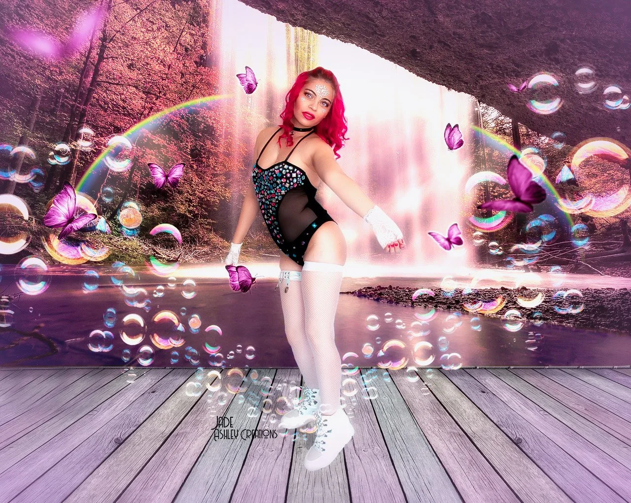 A woman with bright pink hair and white makeup in a fantasy setting with waterfalls, rainbow, butterflies, bubbles, and a wooden floor background.
