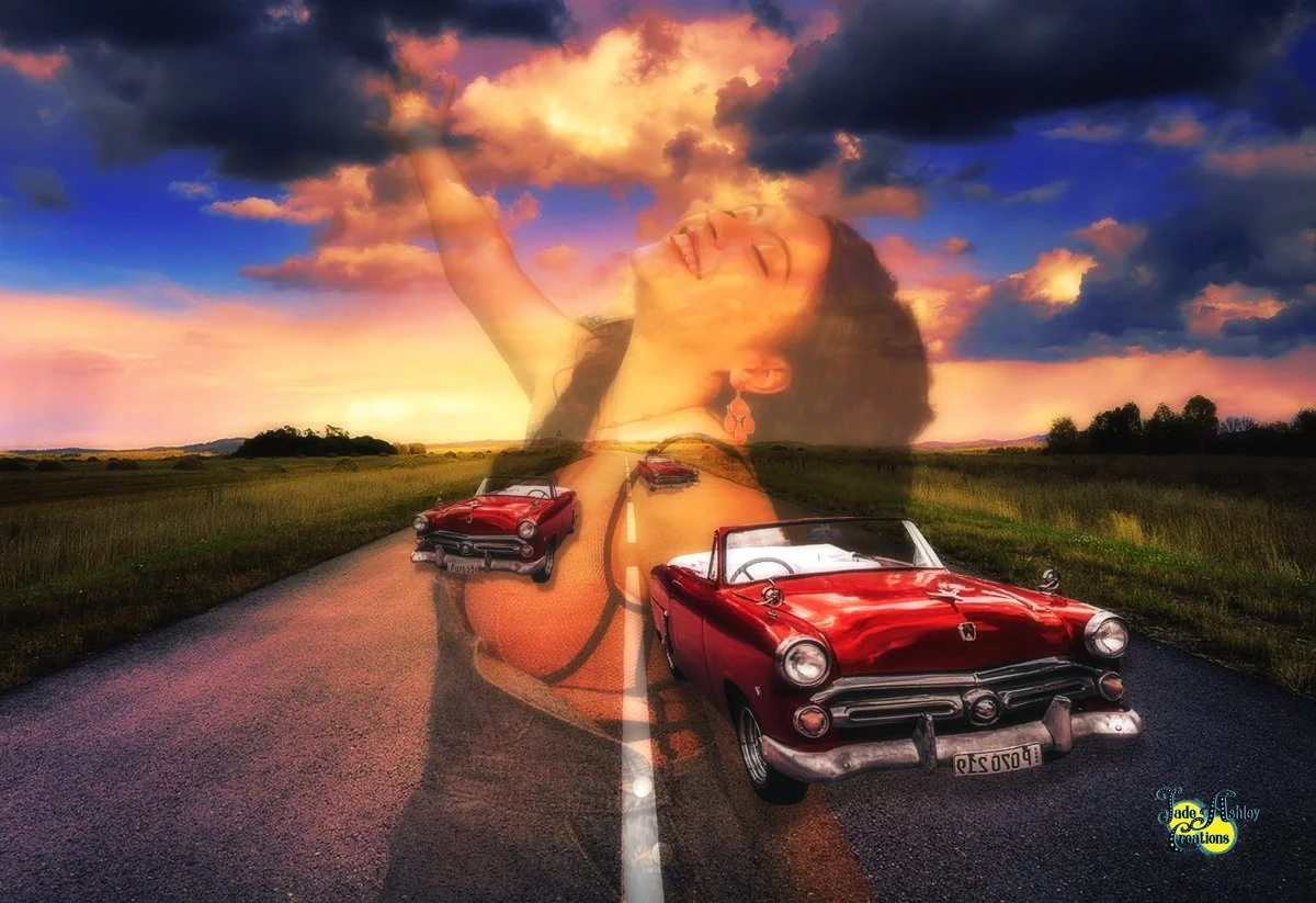 A woman with a joyful expression, eyes closed, and arms extended, superimposed over a sunset sky with clouds, and a road with red vintage cars driving through a grassy field.